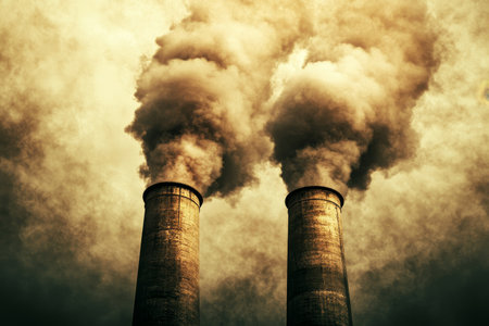 Dark smoke billowing from industrial smokestacks contributing to air pollution in urban environmentの写真素材