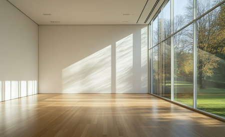 Bright and spacious empty room with wooden floor and large window illuminated by natural light