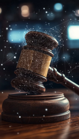 Gavel and law icons set against digital background for business law and web design conceptsの写真素材