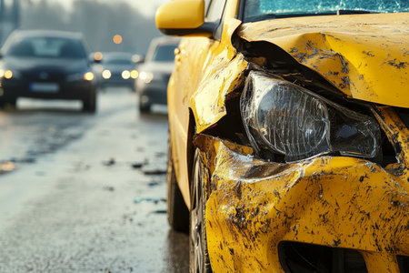 Close up of a yellow car accident on the highway amidst traffic jamの写真素材
