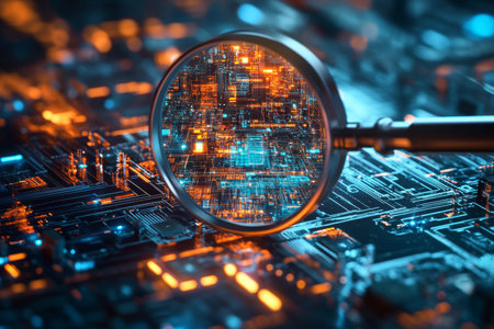 Futuristic digital cityscape magnified a close up view of high tech urban atmosphereの写真素材