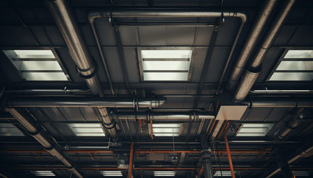 Stylish industrial interior featuring steel pipes and wires with textured background from above