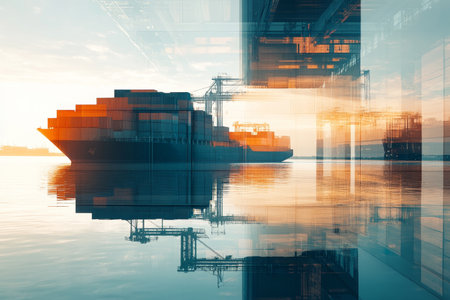 Double exposure of container ship and cargo on sea global logistics and transport conceptの写真素材