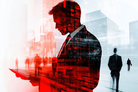 Collage of a businessman with digital identity against an urban landscape in red, white, and blackの写真素材