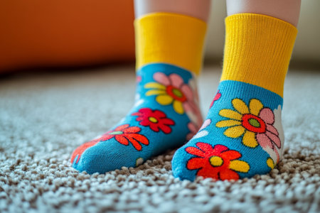 Close up of children s colorful flower patterned socks on carpet in a joyful indoor settingの写真素材