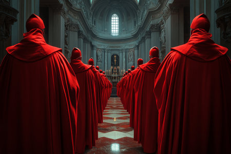 Behind view of church cardinals in red robes captured in hyper realistic photographyの写真素材