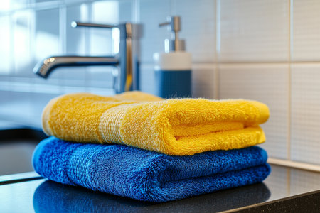 Bright yellow and blue towels stacked on a minimalist bathroom counter space for textの写真素材