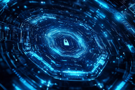 Futuristic digital security background with blue hexagons and padlock icons for cyber protectionの写真素材