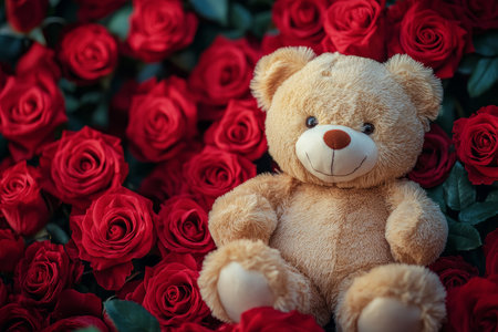 Adorable plush teddy bear surrounded by red roses for a romantic valentine's day gift ideaの写真素材