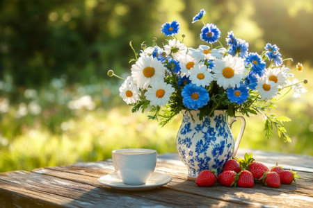 Vibrant blue and white flower vase with strawberries and coffee on a rustic wooden tableの写真素材
