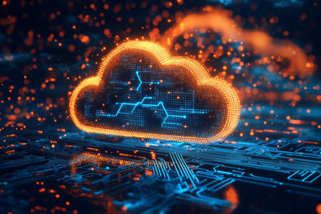 3d cloud rendering with data and global network connections in blue and orange light effectsの写真素材