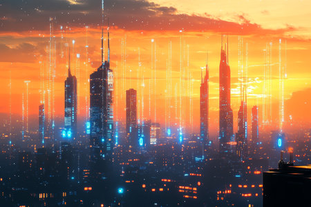 Futuristic cityscape at sunset a network of digital connections illuminating urban innovationの写真素材