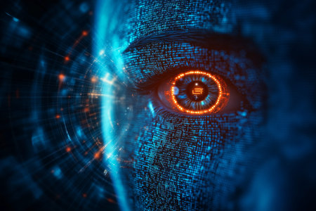 Futuristic 3d rendering of a human head surrounded by holographic data visualizations in dark blue