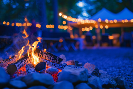 Close up of a campfire with flames and blurry campsite background at duskの写真素材