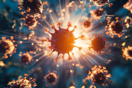 3d visualization of coronavirus with sun rays against a blue background in photographic styleの写真素材