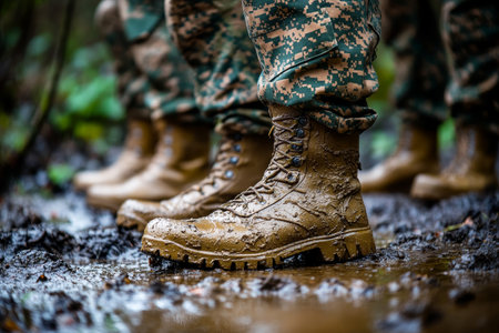 Close up of military boots in mud at army training camp with soldiers in combat gear and camouflageの写真素材
