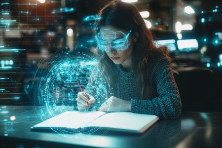 Businessperson sketching ai and digital innovation surrounded by futuristic icons in office settingの写真素材