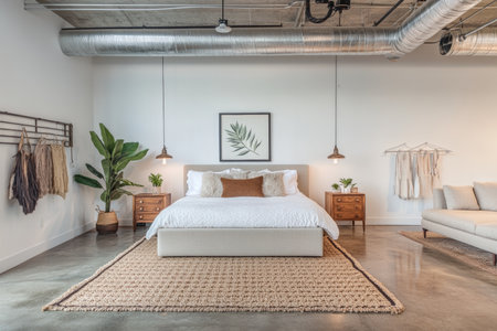 Chic industrial bedroom with white walls, concrete floors, and modern dÃ©cor elementsの写真素材