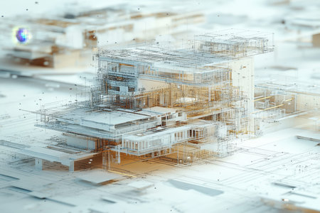 Abstract digital visualization of a 3d structure featuring technical overlays and blueprints