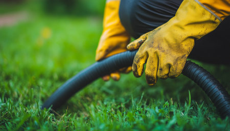 Sewer worker in yellow gloves cleaning septic pit with hose on green grass background in parkの写真素材