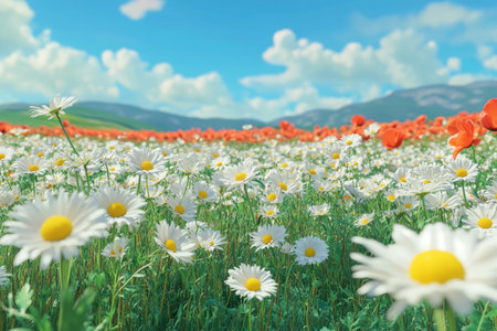 Lush field of white daisies with vibrant orange poppies and blue skyの写真素材