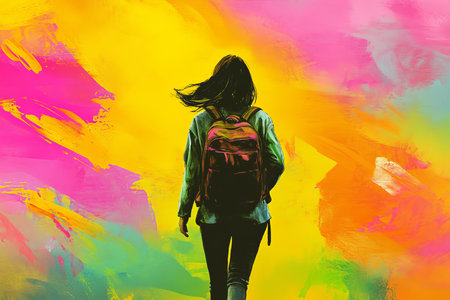 A colorful ink painting of a girl walking with a backpack against a simple brush stroke backgroundの写真素材