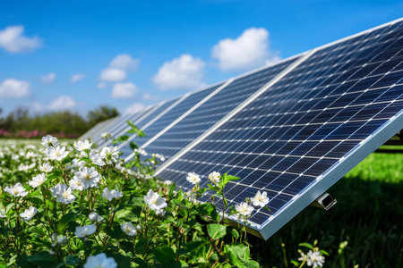 Close up view of solar panels surrounded by white flowers in a vibrant spring landscape