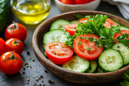 Refreshing salad with cucumbers, tomatoes, olive oil, herbs, and lemon juice for a healthy dishの写真素材