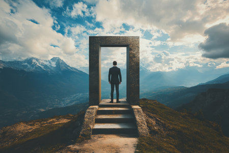Businessman at open door on stairs with mountain view, symbolizing success and future potentialの写真素材