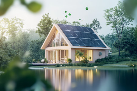 Eco friendly modern home with solar panels and smart features surrounded by nature s beautyの写真素材