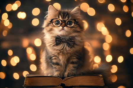 Charming kitten with glasses and bow tie posed on old books with bokeh lights in soft lightingの写真素材