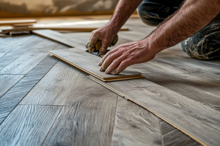 Close up of hands installing parquet flooring realistic home interior with tools and wood planksの写真素材