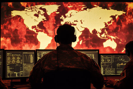 Military officer supervising team with computer screens showing world map and data analytics