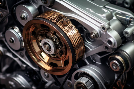 Close up of a modern car engine with belt drive and pulley system on clean white backgroundの写真素材