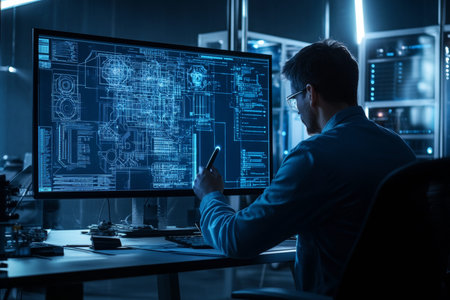 Professional male engineer sketching high tech machine design with digital pencil in dark office