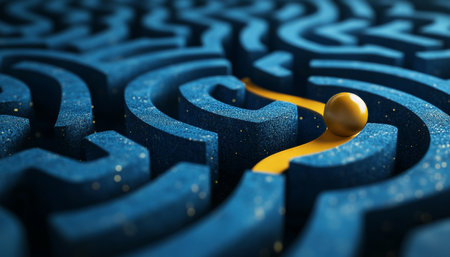 Aerial view of a blue maze with yellow path and ball on dark background for game concept designの写真素材