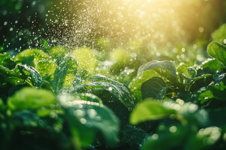 Sprinkler nourishing potato field sunlit green leaves showcasing nature s vibrant detailsの写真素材