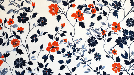 Charming vintage floral pattern in red, orange, and navy blue on crisp white background