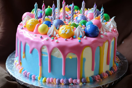 Festive birthday cake adorned with colorful icing and vibrant decorations for a joyous celebration