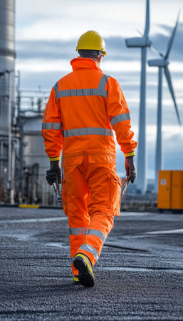 Worker in high visibility suit at industrial site with wind turbines and gas storage facilitiesの写真素材