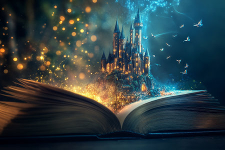 A glowing fantasy castle and enchanted forest emerge from an open book in hyper realistic imageryの写真素材