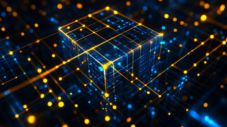Blue and yellow glowing cube on black background a hyper realistic geometric technology designの写真素材
