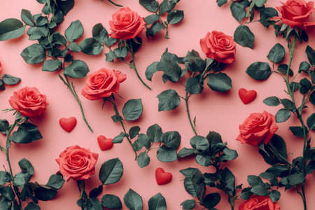 Stunning valentine's day background featuring red roses and heart motifs on soft pink surfaceの写真素材