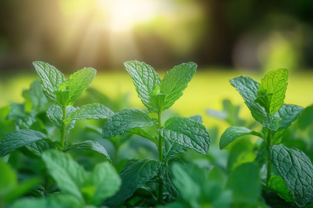 Lush mint plants in sunlit garden with soft focus and bokeh effect on vibrant green background