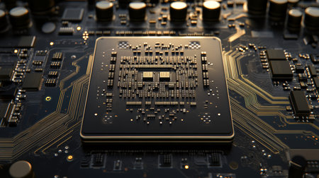 Close up of a black microchip circuit board with a premium graphics card on a stylish background