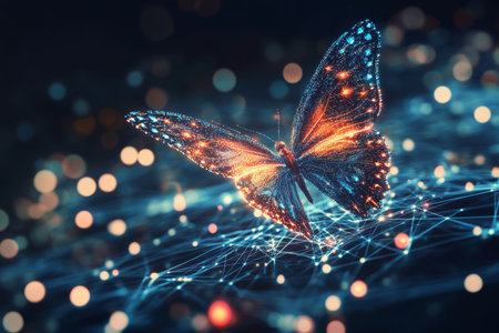 Abstract butterfly on a radiant digital network, symbolizing technology and ai connectivityの写真素材