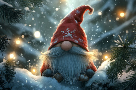 Festive christmas gnome with red hat and beard among snowy pine branches and snowflakesの写真素材
