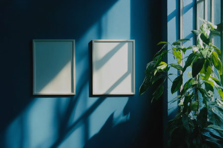 Three vertical white picture frames on dark blue wall with natural light and green plant accentの写真素材
