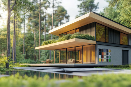 3d visualization of a modern energy efficient house with blueprints and green forest background