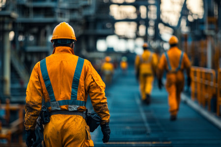 Close up of crew in safety uniforms on oil and gas platform with vivid background activityの写真素材